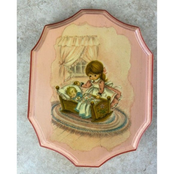 Wooden Vintage Plaque Girl Illustration Wall Art Cute SET OF 2 - 60s 70s - Picture 4 of 5